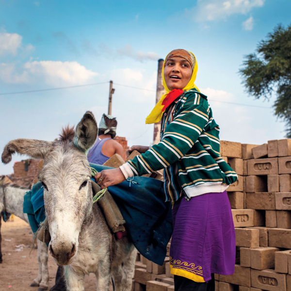 Brick kiln worker and donkey