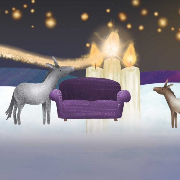 An illustration of two donkeys standing either side of a sofa, with a starry night background