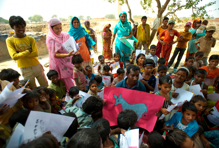 Educating children about donkeys in Badli brick kiln school, India