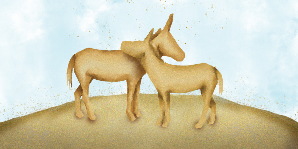 Graphic illustration of two donkeys made from sand leaning on each other against a blue background