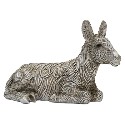 Front view of silver-coloured donkey figurine made from quality resin, positioned in a legs folded, relaxed stance.