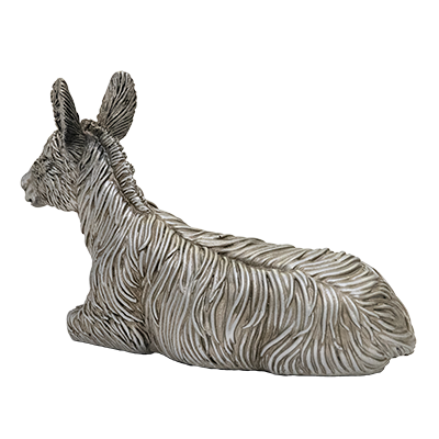 Rear view of Silver-coloured donkey figurine made from quality resin, positioned in a legs folded, relaxed stance.