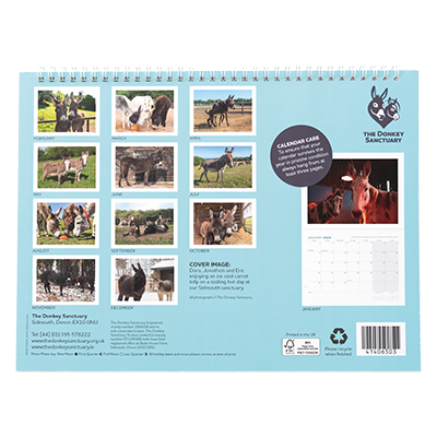 Back cover of Wall calendar with 12 fabulous images of the sanctuary's work around the world. 