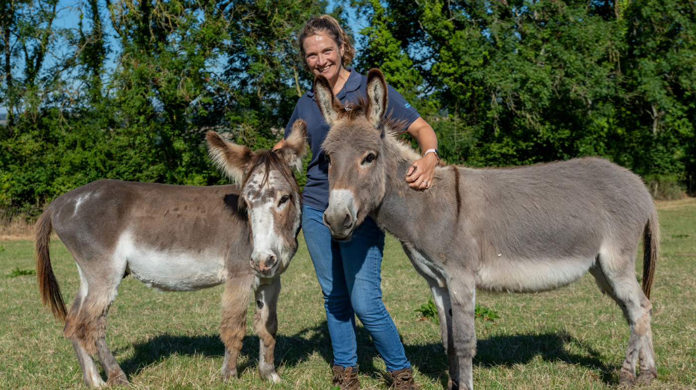 Donkey Welfare Advisor Jenna Goldby with Seagull and Hugo